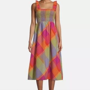 TIME TRU Smocked Flutter Sleeve Plaid Cotton Dress cris cross back size M